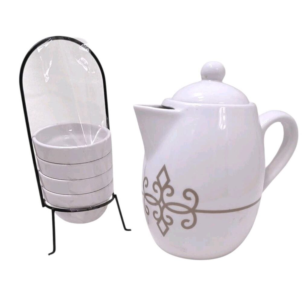 Starbucks SET Coffee Tea‎ Pot Cups Stand White Ceramic Modern Minimalst Espresso